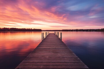 Fototapeta premium The water is calm and the sky is filled with pink and orange hues