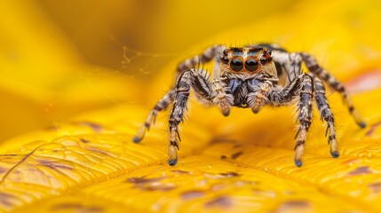 Detailed close-up of a jumping spider, bright yellow leaf background, isolated setting, high contrast, sharp focus