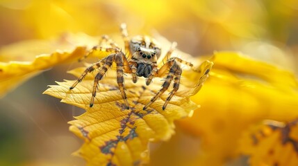 Detailed close-up of a spider perched on a sun-yellow leaf, focus on intricate patterns and eyes, softly blurred nature background