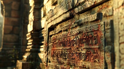 A close-up view of a weathered inscription on a temple wall, its cryptic symbols hinting at...