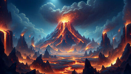 Fiery Eruption: Majestic Volcanic Landscape at Nigh