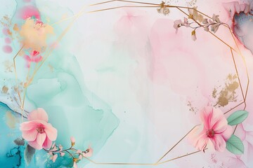 Pre made templates collection, geometric frame - cards with gold, pink, turquoise textures backgrounds. Wedding concept. Floral poster. Greeting card, invitation design background, birthday party