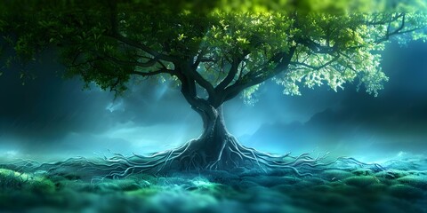 Trees withstand storms due to their deep roots providing stability and support. Concept Tree roots, Stability, Support, Storms, Resilience