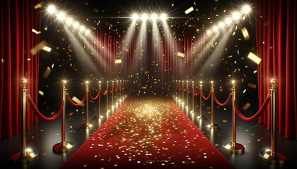 授賞式、レッドカーペット、スポットライト、金色の紙吹雪、背景イメージ｜Award ceremony, red carpet, spotlight, golden confetti, background image.