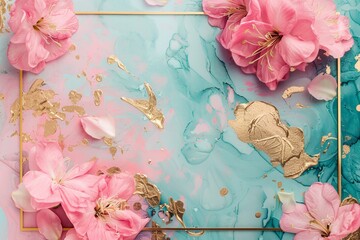Pre made templates collection, geometric frame - cards with gold, pink, turquoise textures backgrounds. Wedding concept. Floral poster. Greeting card, invitation design background, birthday party