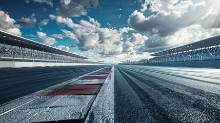Detailed view of a victory grid on an asphalt raceway, dramatic sky with fluffy clouds, energetic crowd in bleachers