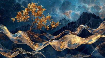 Digital 3D mural, deep blue night, dark peaks, towering golden tree, sweeping gold wave patterns, otherworldly vibe