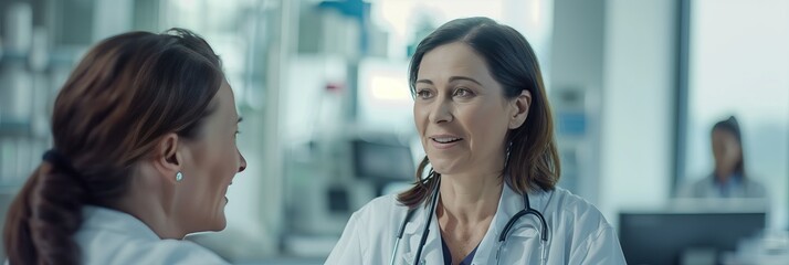 Doctor speaking to patient in the hospital, consulting with doctor with happy and content looking face. medic healthcare concept