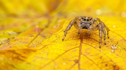 Extreme close-up of a spider on a bright yellow leaf, studio isolation, sharp focus, natural texture, vivid detail