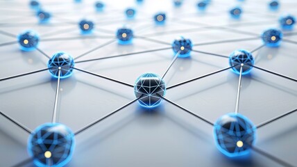 Abstract representation of a network with connected blue nodes on a white background signifying communication and technology.