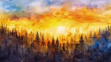 A peaceful watercolor sunset painting with golden yellows and burnt oranges blending into twilight blues and purples over a quiet forest.