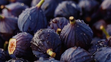 Gourmet presentation of purple figs, close-up shot, focusing on the vibrant colors and rich textures, creating a luxurious and appetizing display