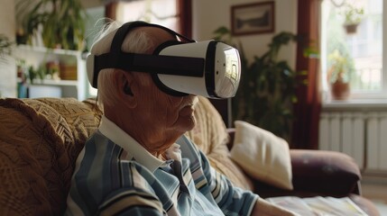 Grandfather enjoying virtual reality, lively game action, cozy living room, natural lighting, high-tech VR headset