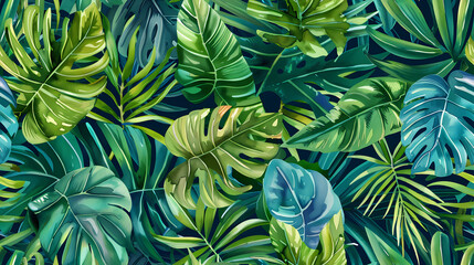 A seamless pattern of watercolor tropical leaves