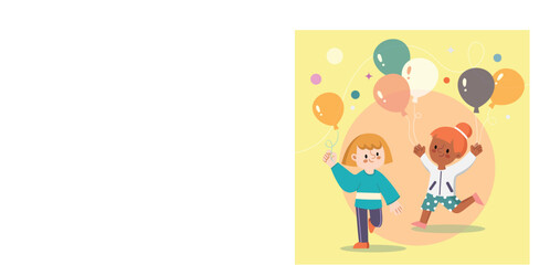 Childrens day illustration poster with children character and happy kids with balloon MJ024