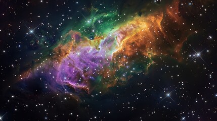 A radiant nebula cloud in shades of purple, orange, and green, glowing brightly amidst millions of twinkling stars in a distant galaxy.