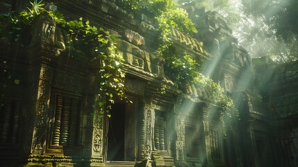Lush jungle vines creeping over the crumbling facade of an ancient temple, sunlight filtering...