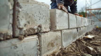 A construction team carefully arranging interlocking concrete blocks to build the main structure of the retaining wall.