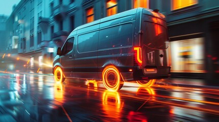 High-speed delivery van with fiery wheels, maneuvering through a busy city, showcasing the intensity of modern logistics