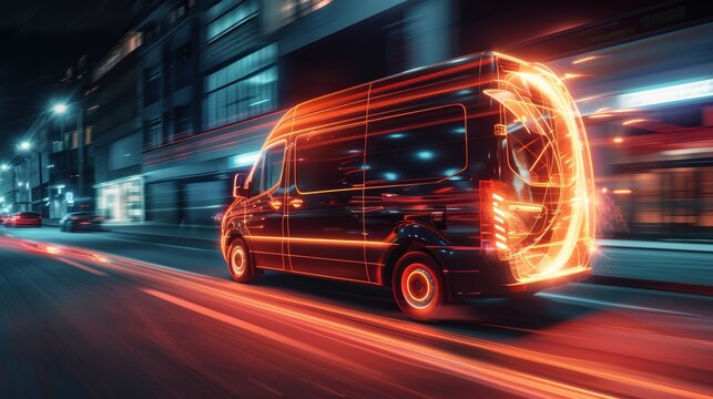 High-speed logistics van with wheels on fire, cutting through city traffic, a symbol of fast and reliable delivery services