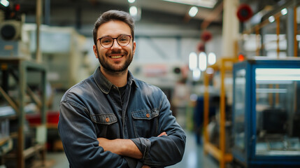 Fototapeta premium portrait of a smiling engineer standing in modern manufacturing factory plant 