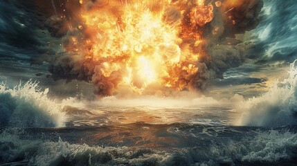 Nuclear bomb explosion with enormous shock waves, the blast's force evident in the distorted air and ground, a terrifying scene of raw power