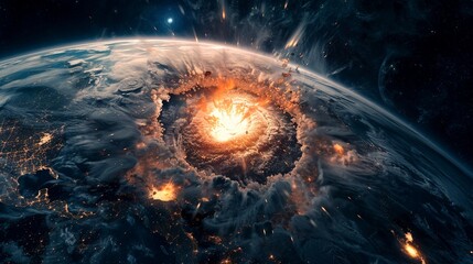 Outer space perspective of a devastating nuclear blast, Earth's surface lit up by the explosion, shockwave creating concentric circles