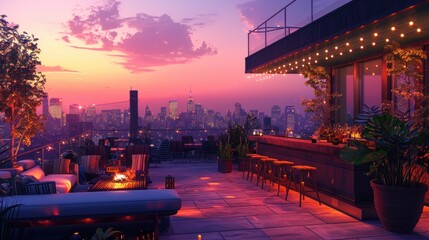 Naklejka premium A sleek barbecue enhances the modern city rooftop terrace with its panoramic skyline view.