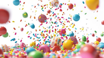 Colorful candies and sprinkles falling on a white background. The concept of a happy birthday, 
