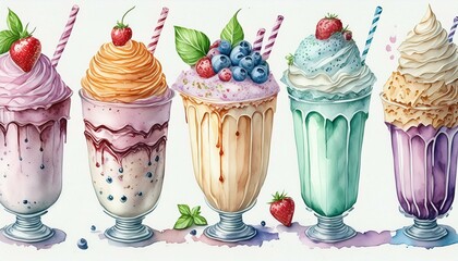Delicious watercolor hand painted milkshake collection illustration