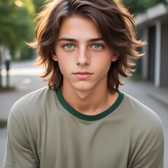 hot boy with green eyes, brown hair in a middle part, 15 years old