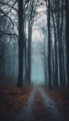 Obraz premium A foggy forest path with tall, leafless trees on either side. The ground is covered with fallen leaves, and the atmosphere is eerie and mysterious.