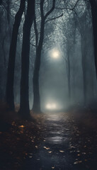 Naklejka premium A foggy forest path at night with a bright light in the distance, surrounded by tall trees and fallen leaves on the ground.