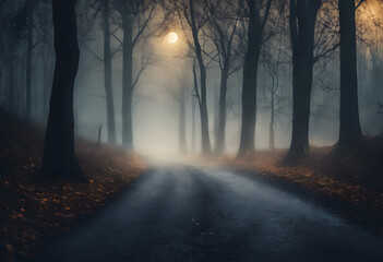 Fototapeta premium A foggy forest road at night with bare trees and a glowing moon in the background. The scene is eerie and mysterious, with dim lighting and shadows.