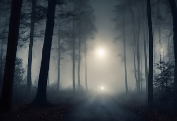 Fototapeta premium A foggy forest with tall trees and a mysterious light in the distance, creating an eerie and mystical atmosphere.