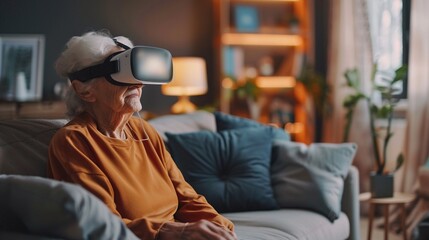 Fototapeta premium Senior lady enjoying virtual reality, with VR glasses on, surrounded by a comfortable living room with modern furniture and lighting
