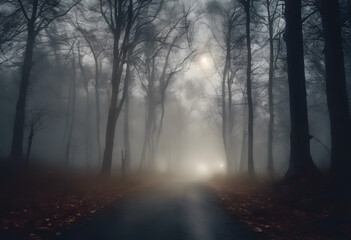 Fototapeta premium A foggy forest road at night with car headlights in the distance. The scene is eerie and mysterious, with tall trees and a dimly lit path.