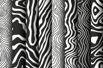 Fototapeta premium Seamless patterns set, line art, sketch textures. Simply fashion design. Black and white textures. Vector curves repeat illustration, contemporary, modern artistic art