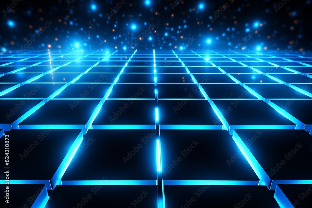 Poster a blue background with a grid of squares and a few stars