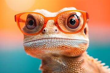 A lizard wearing glasses is staring at the camera