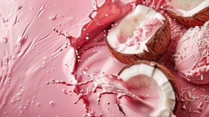 Fototapeta premium Coconut pieces splashing onto milk, Melted gelato, yoghurt, ice cream, Pink background, Copy text space, Top view, Flat lay