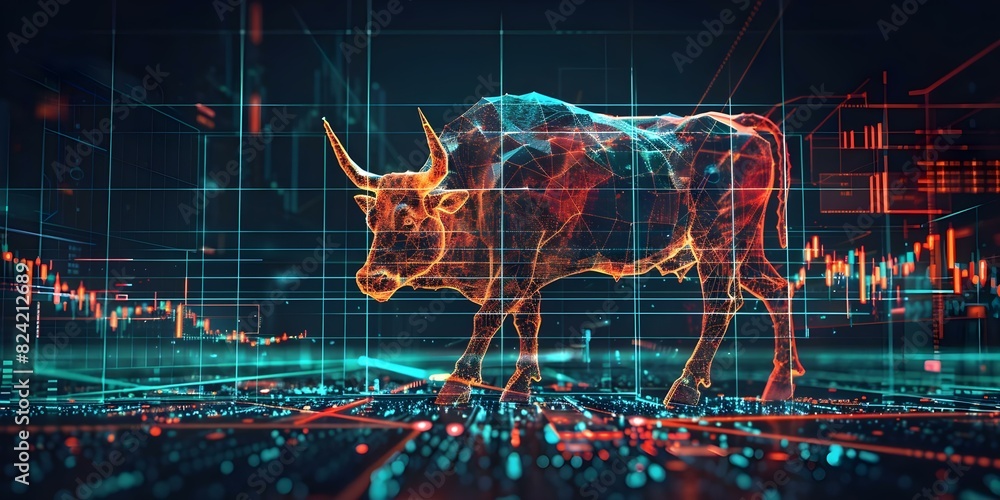 Poster artistic rendering of a digital bull stock market graph on a futuristic grid background. concept bul