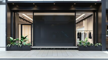 A black and red storefront with a large window