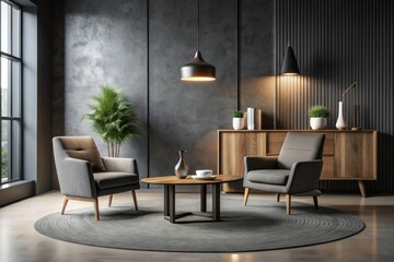  Dark living room interior with round table and chairs, armchair with lamp on carpet on grey concrete floor. Relaxing area and sideboard with minimalist decor.