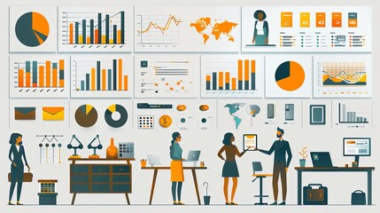 Set of business and finance people illustrations. Flat design vector illustrations of business, management, payment, market research and data analysis, communication