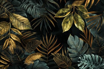 A composition of various green and golden leaves on a black background, creating an elegant tropical design with natural elements. 
