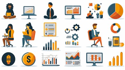 Set of business and finance people illustrations. Flat design vector illustrations of business, management, payment, market research and data analysis, communication