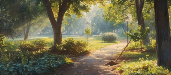 A serene morning scene in the park with a shovel, hinting at the beginning of a day's work or gardening adventure. 🌳🌞