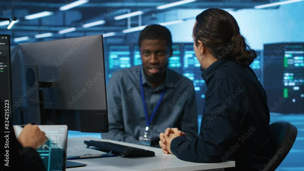 Poster team of technicians working together and laughing, supervising server rows in computer network secur