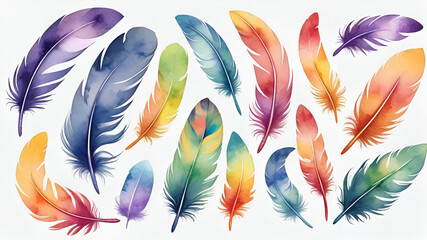 Watercolor bundle set of the colorful feathers set clipart
